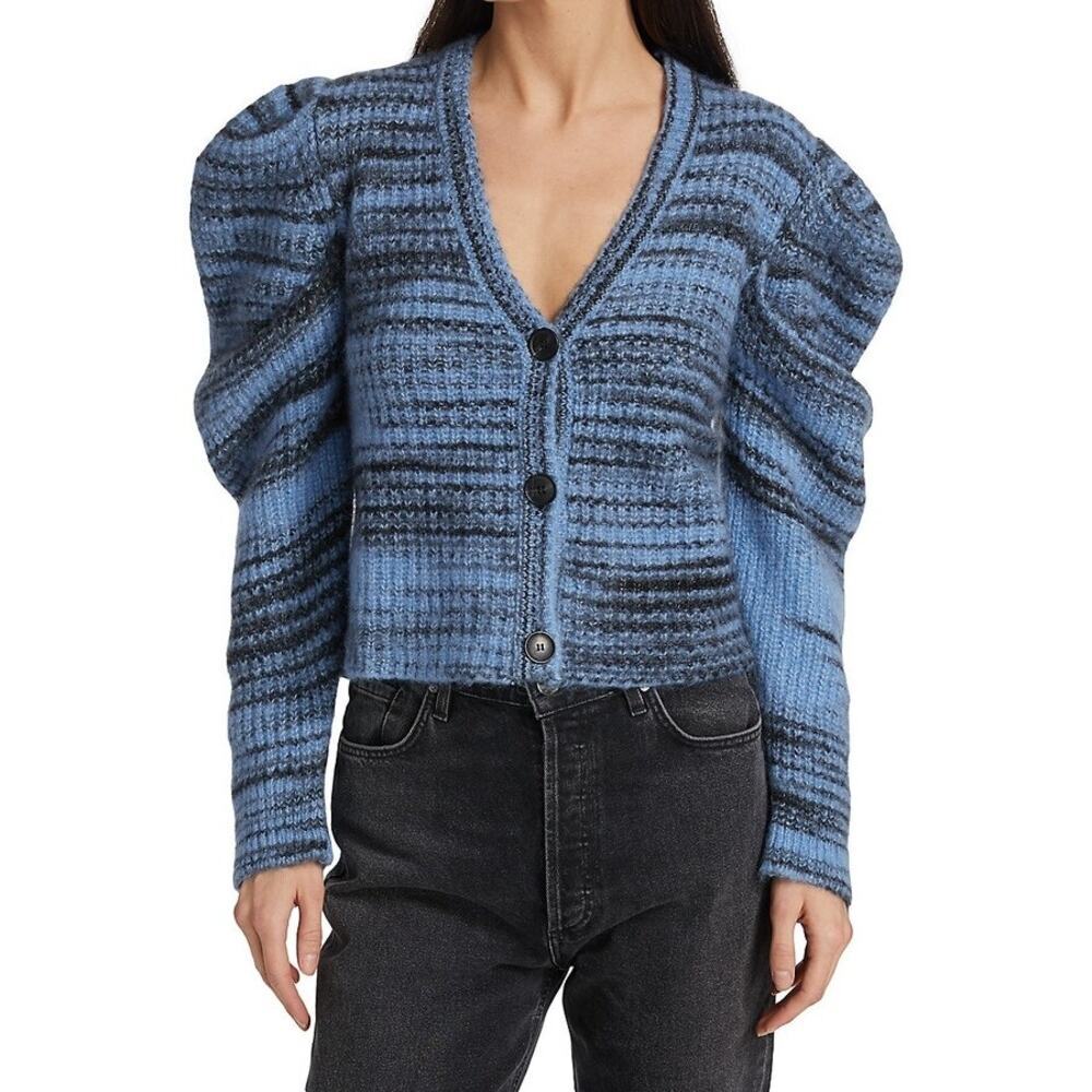 Naadam Space-Dye Puff-Sleeve Alpaca Blend Cardigan Sweater Blye Womens L